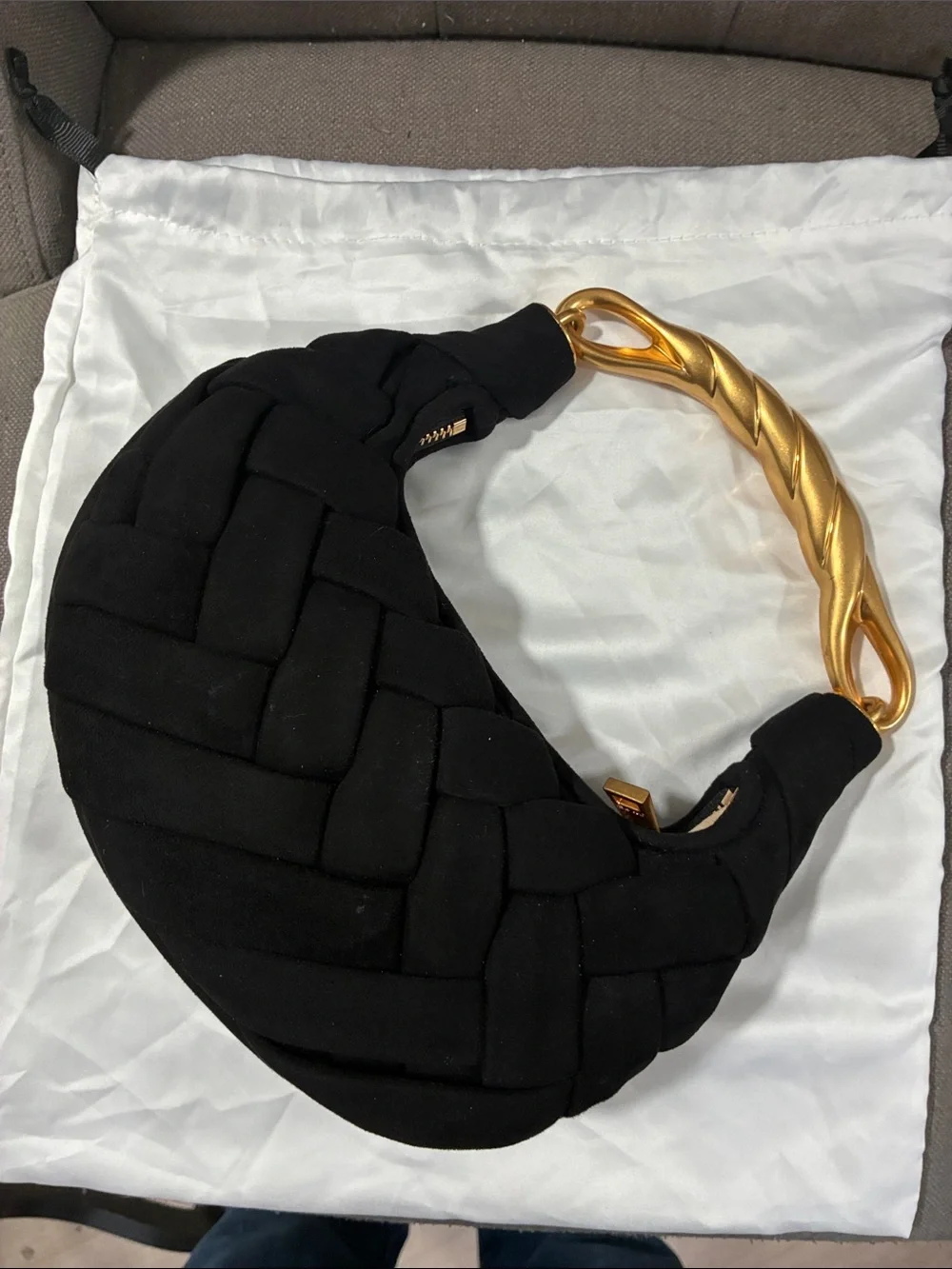 JW PEI Black Braided Orla Crescent Shoulder Bag with Gold Handle
